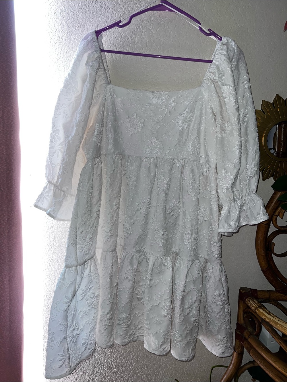 Entro White Floral Jacquard A-Line Tiered Ruffle Dress Puff Sleeve Graduation L